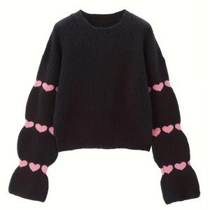 18 Heart Pattern Knitted Pullover Top, Casual Crew Neck Long Sleeve Sweater